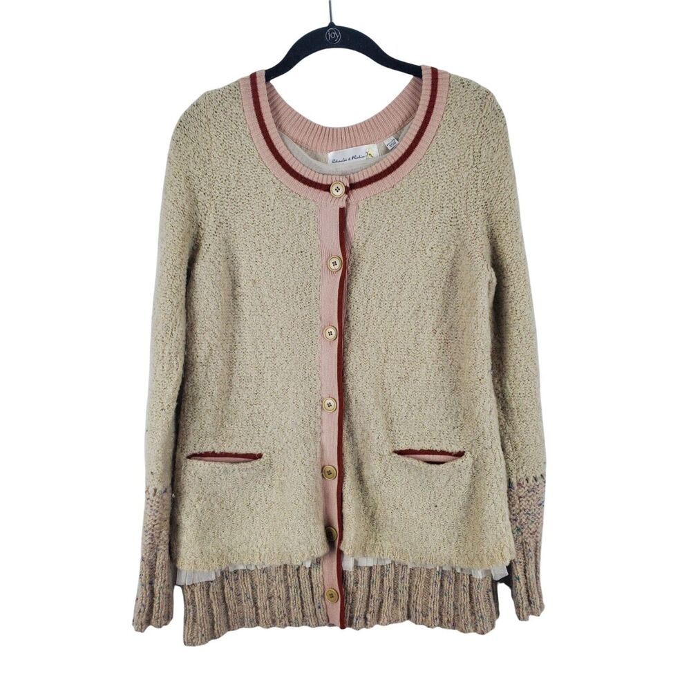 Charlie & Robin Anthropologie Sweater Medium Womens Long Sleeve Button Front Bei